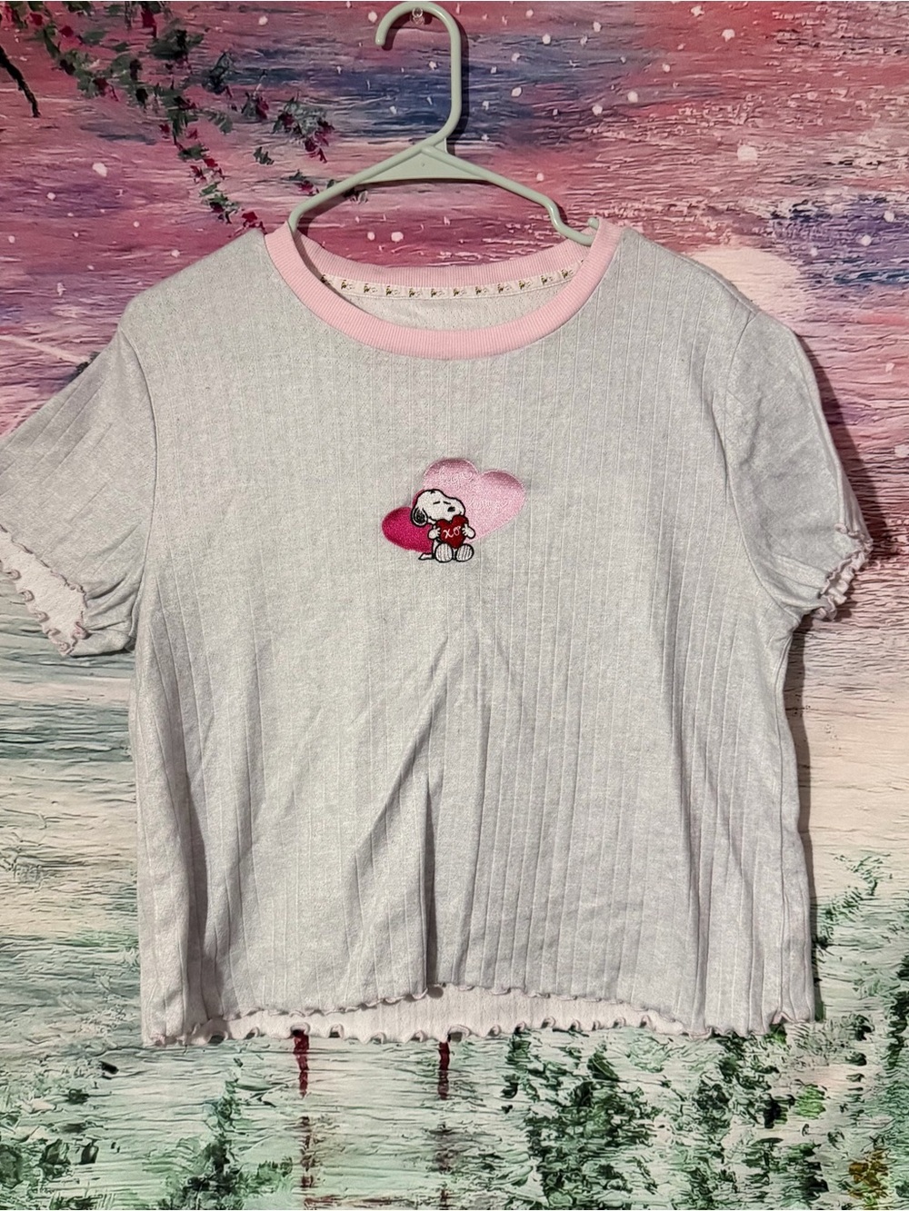 Girls White & Pink Snoopy Heart Ribbed Tee